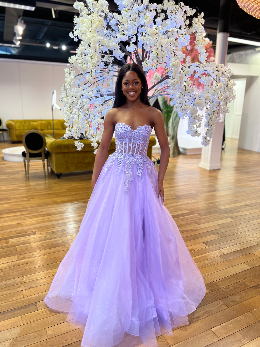 purple debs dresses Lilac Tulle A-line V-neck Prom Dresses With Side Slit, Long Formal Dresses,  MP794