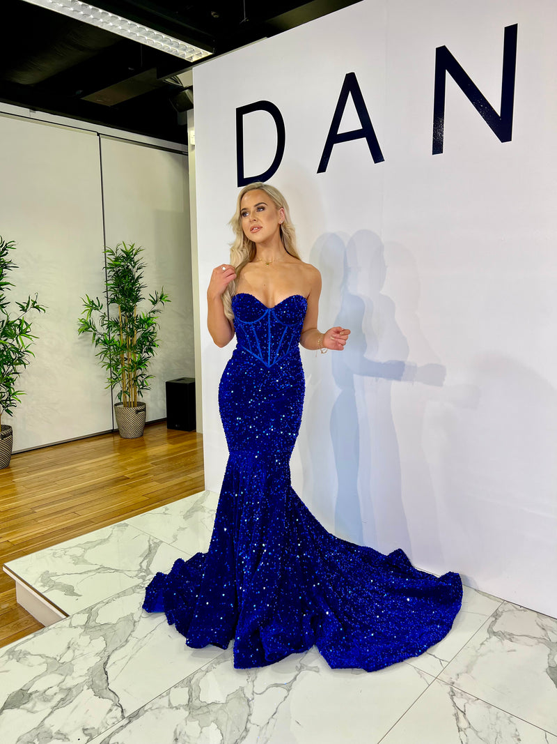 Strapless royal blue gown best sale